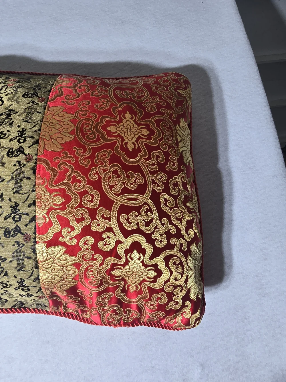 Ornate Red and Gold Decorative Accent Pillow with Embroidered Panel